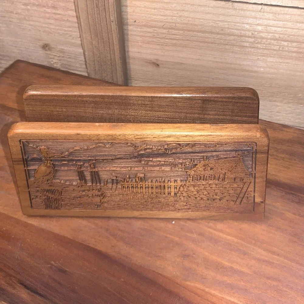 Vintage Laser Craft Carved Walnut  Wood Letter Holder Pelican Harbor Made in USA